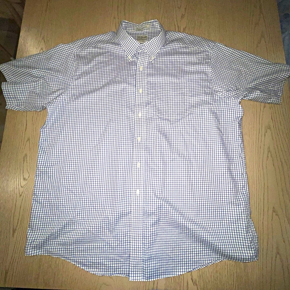 L.L.Bean Shirt Mens 2XL Regular Blue White Check Short Sleeve Button Down